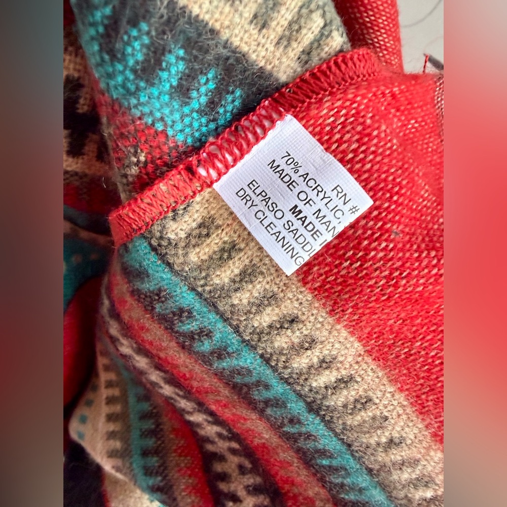 El Paso Saddleblanket Scarf Red Southwest Aztec Fringe 72” - Picture 6 of 8